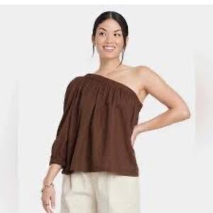 Linen Blend Puff One Shoulder Blouse Size L Brown One Shoulder